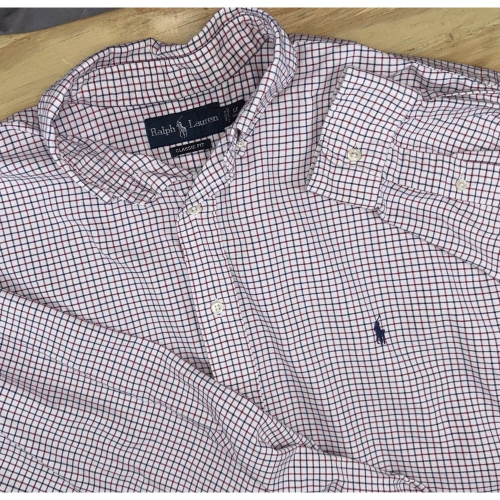 Polo Ralph Lauren Plaid Check Button Down Large Tall LT Cotton Stretch Blue Red
